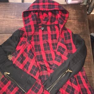 Red and black plaid poncho jacket with hoodie